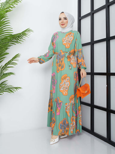 Pleated Skirt Hijab Dress - Green