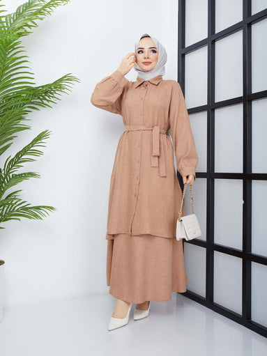 Beli Kuşaklı Tesettür Etekli Tunik - Camel