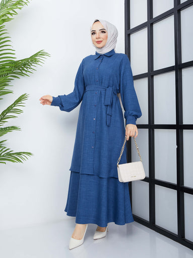 Jupe Tunique Hijab à Taille Ceinturée - Bleu Marine