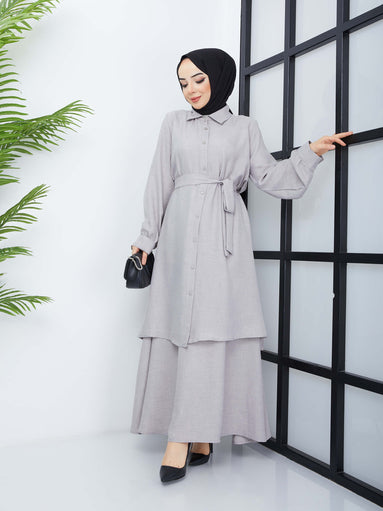 Jupe Tunique Hijab à Taille Ceinturée - Gris