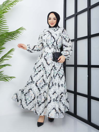 Blumengemustertes Hijab-Kleid – Schwarz