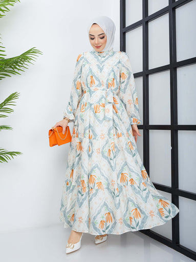 Robe Hijab à Motif Floral - Orange