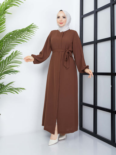 Belted Hijab Abaya - Brown