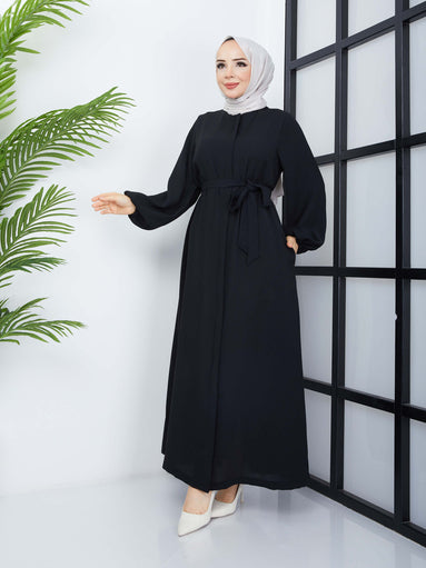 Belted Hijab Abaya - Black