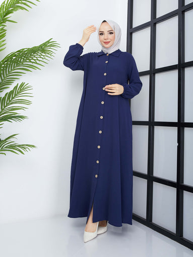 Buttoned Front Abaya - Navy Blue