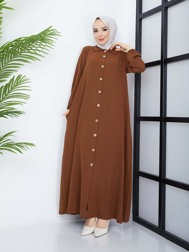 Button-Front Abaya - Brown