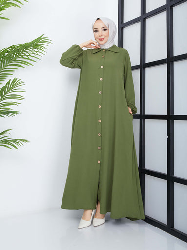 Button-Front Abaya - Green