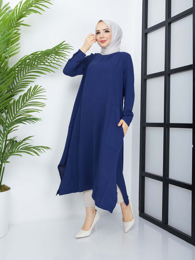 Tunique Hijab Longue avec Poches - Bleu Marine