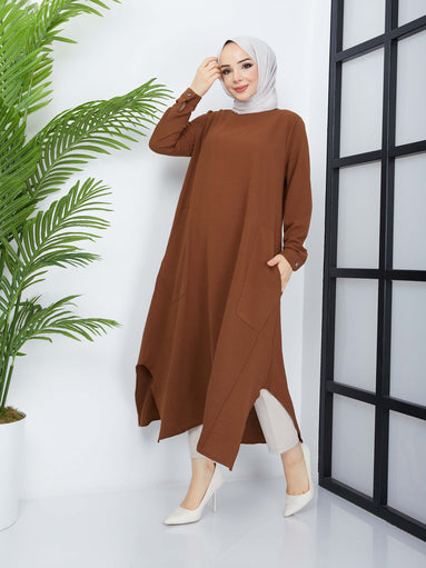 Long Hijab Tunic with Pockets - Brown