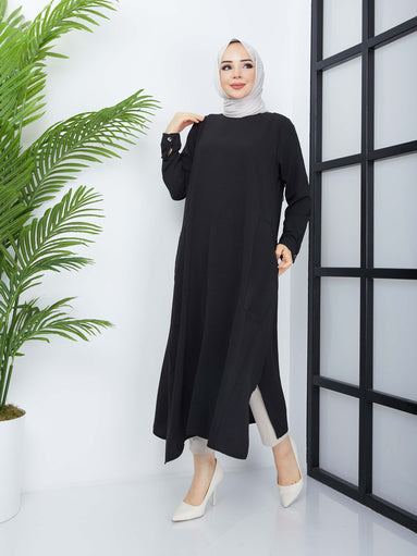 Long Hijab Tunic with Pockets - Black