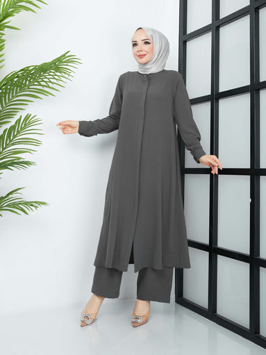 Ensemble Tunique Hijab Double Décontracté - Anthracite