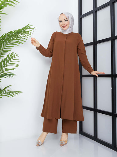 Ensemble tunique hijab double décontracté - Marron