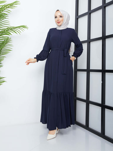 Abaya Hijab avec Jupe Plissée - Bleu Marine