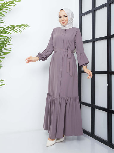 Hijab Abaya with Pleated Skirt - Powder