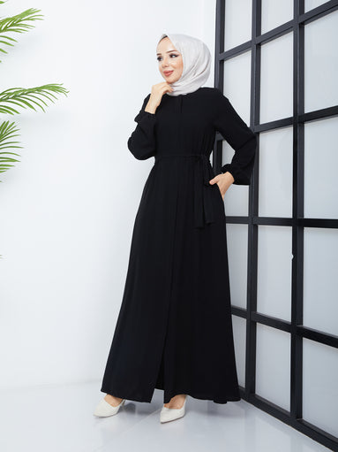 Casual Hijab Abaya with Waist Belt - Black