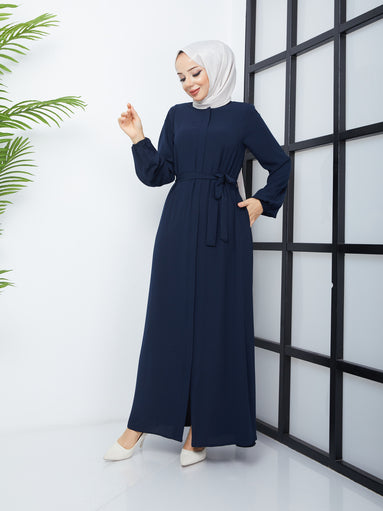 Casual Hijab Abaya with Waist Belt - Navy Blue