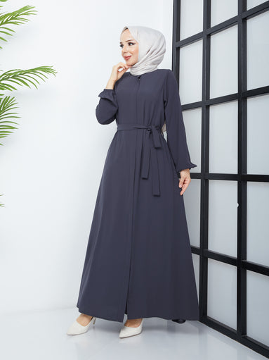 Casual Hijab Abaya with Waist Belt - Gray