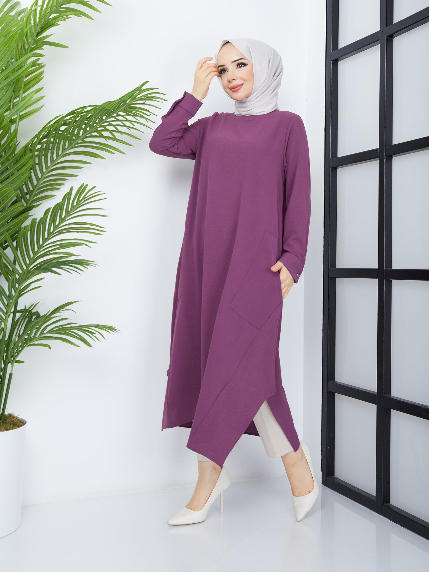 Long Hijab Tunic with Pockets - Purple