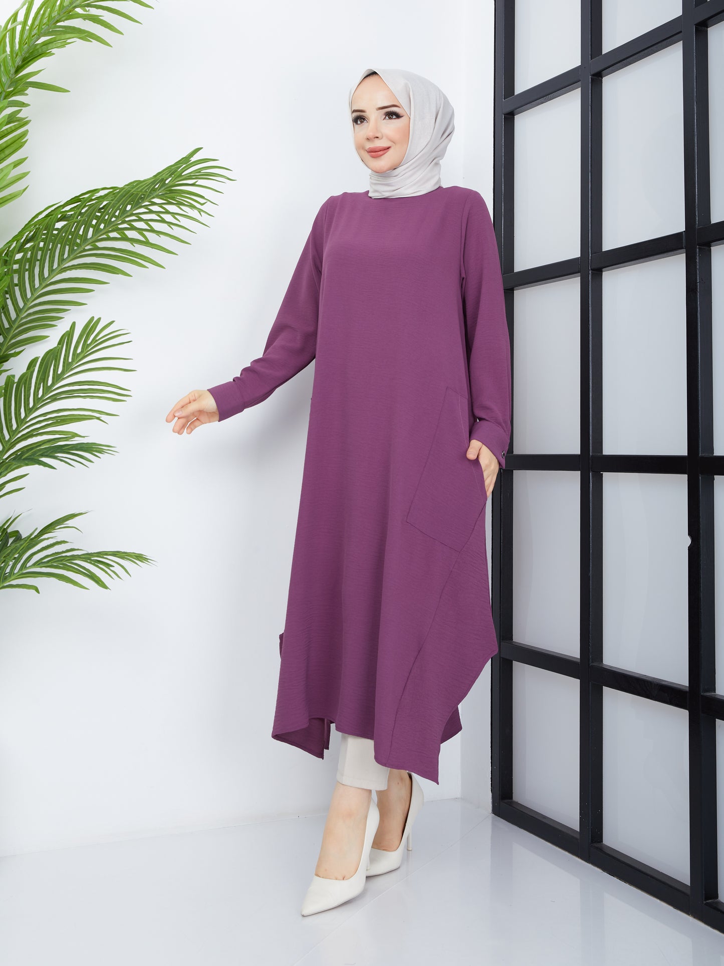 Long Hijab Tunic with Pockets - Purple