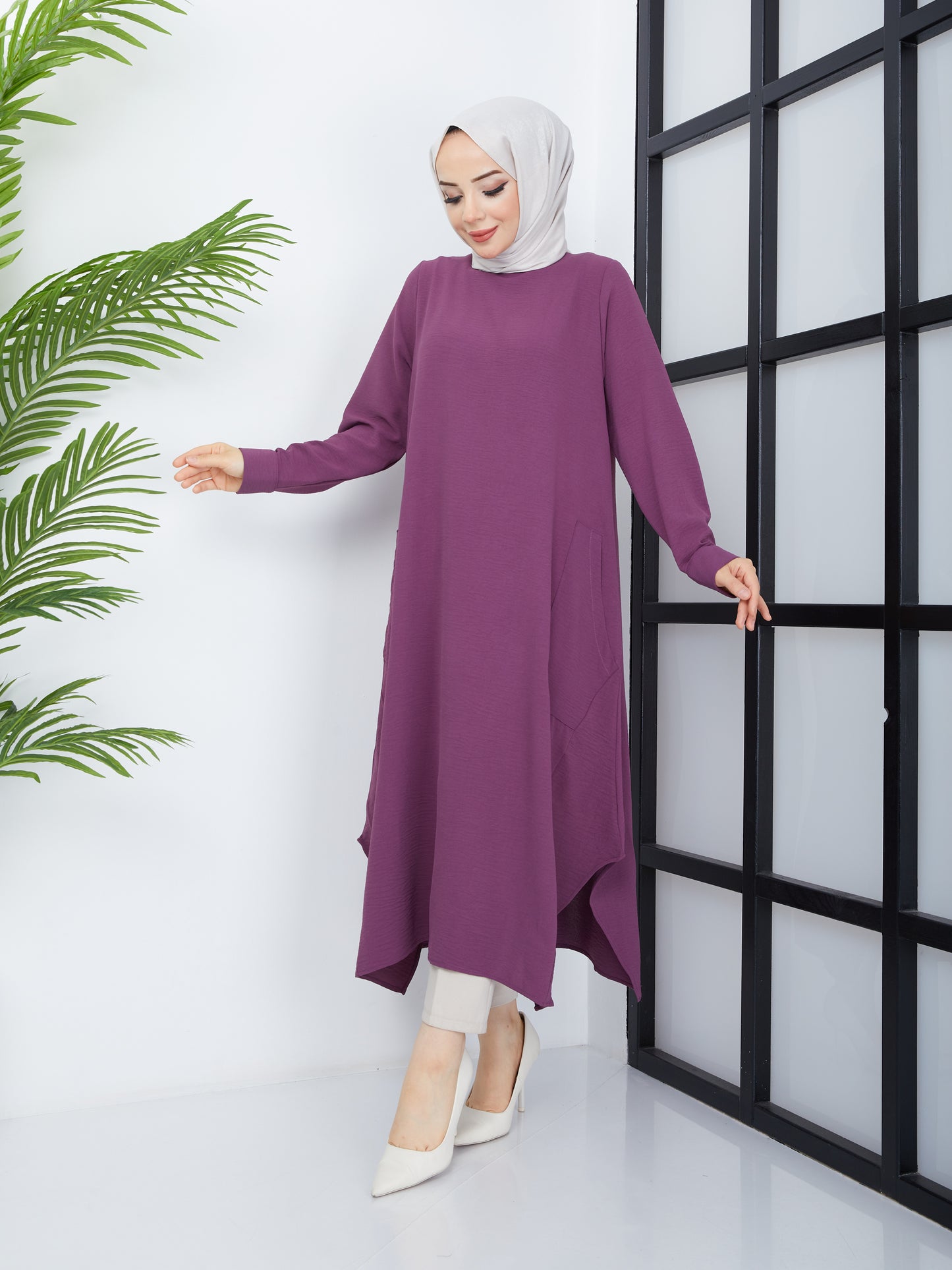 Long Hijab Tunic with Pockets - Purple