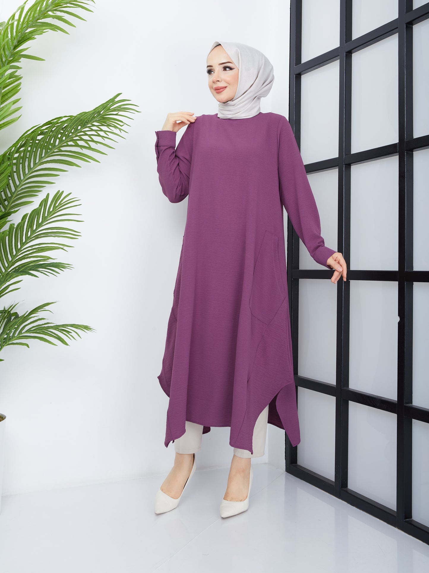 Long Hijab Tunic with Pockets - Purple