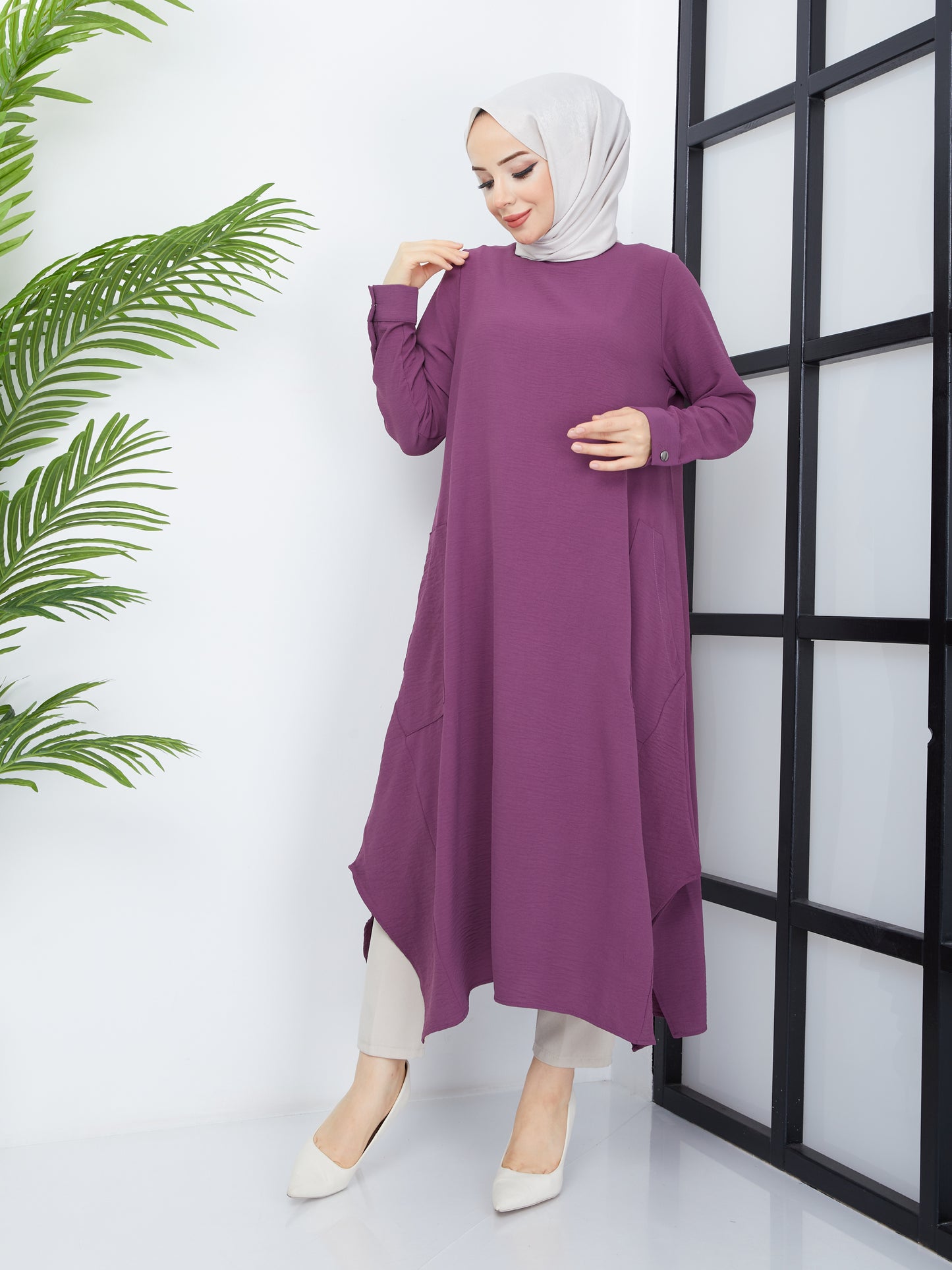 Long Hijab Tunic with Pockets - Purple