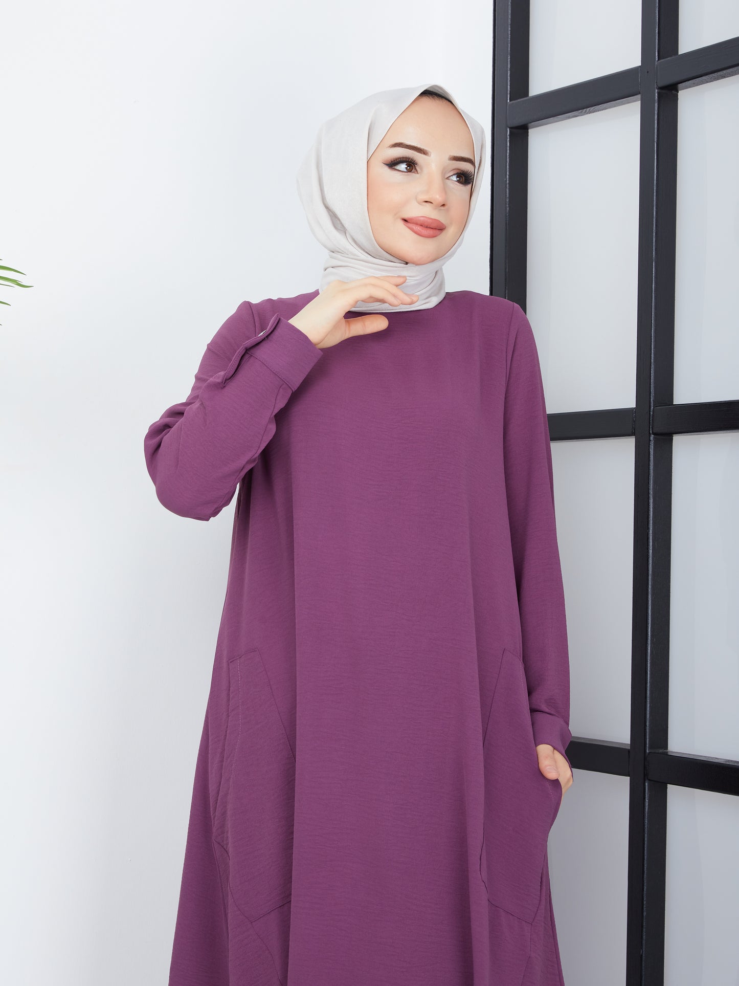 Long Hijab Tunic with Pockets - Purple