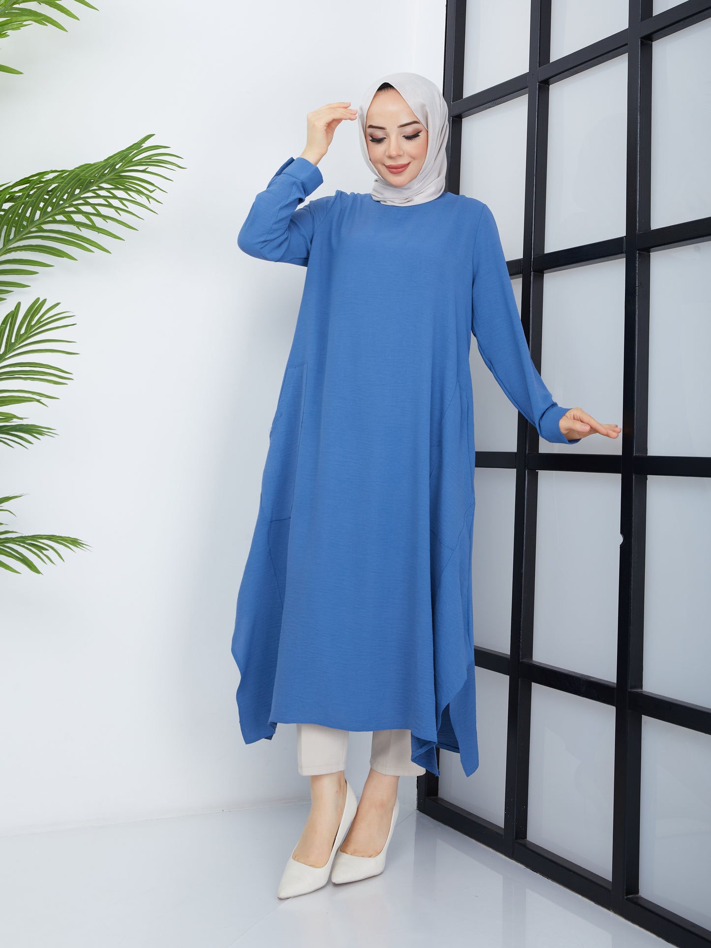 Lange Hijab-Tunika mit Taschen – Blau