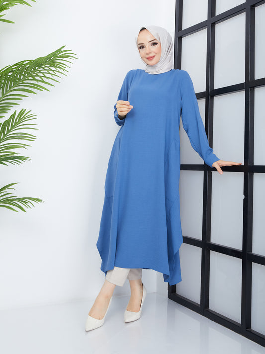 Long Hijab Tunic with Pockets - Blue