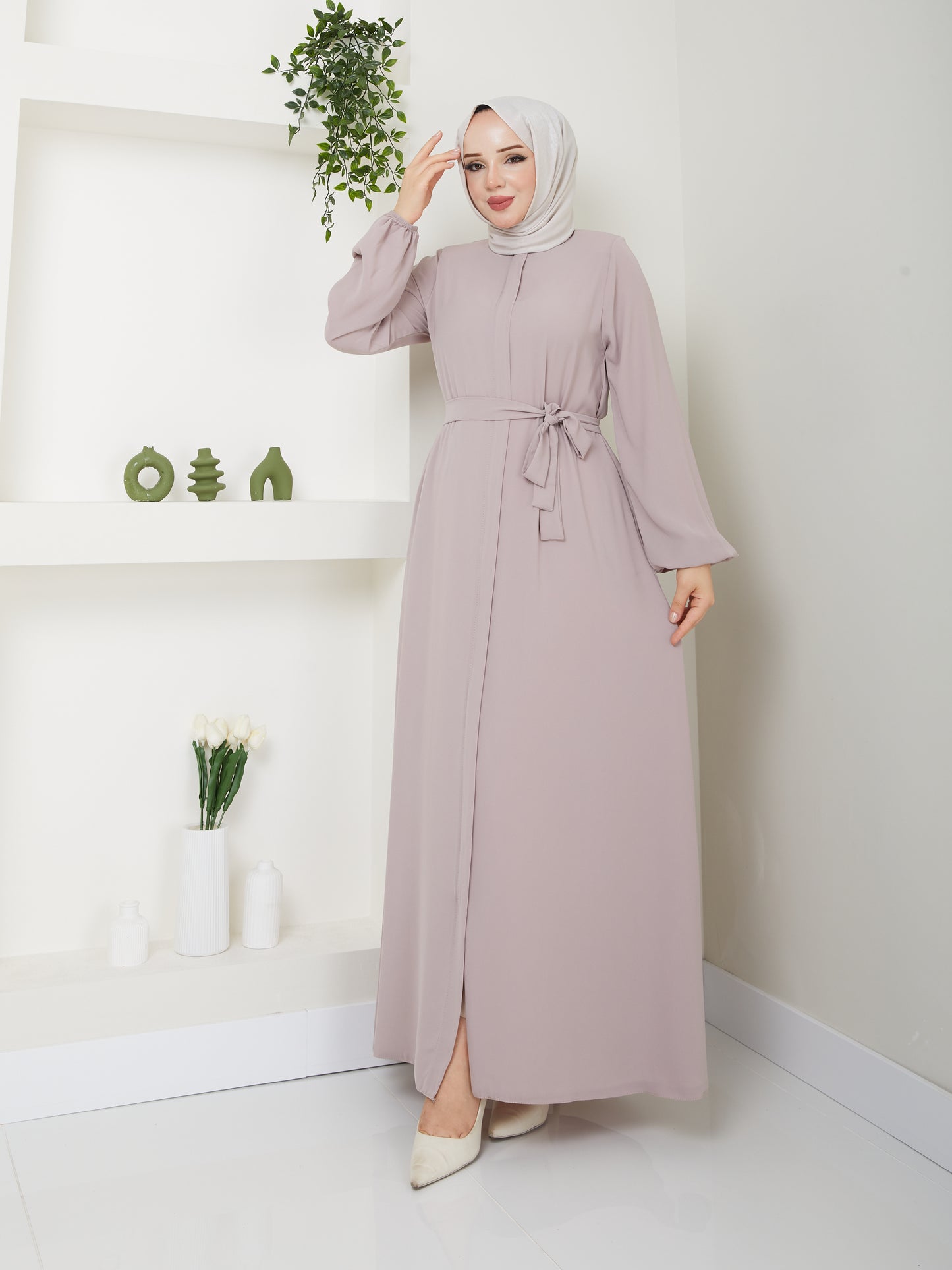 Casual Hijab Abaya with Waist Belt - Ecru