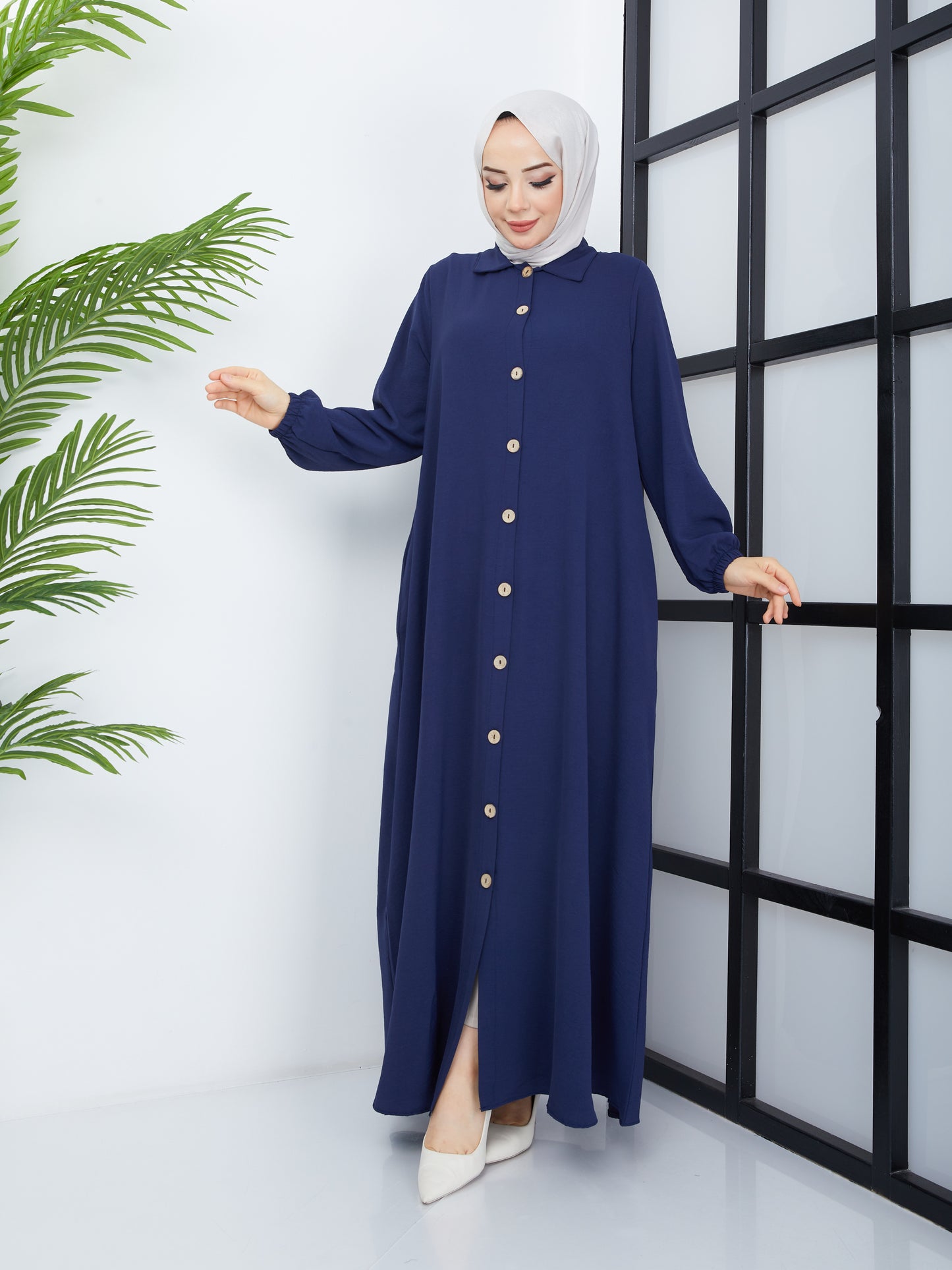 Buttoned Front Abaya - Navy Blue