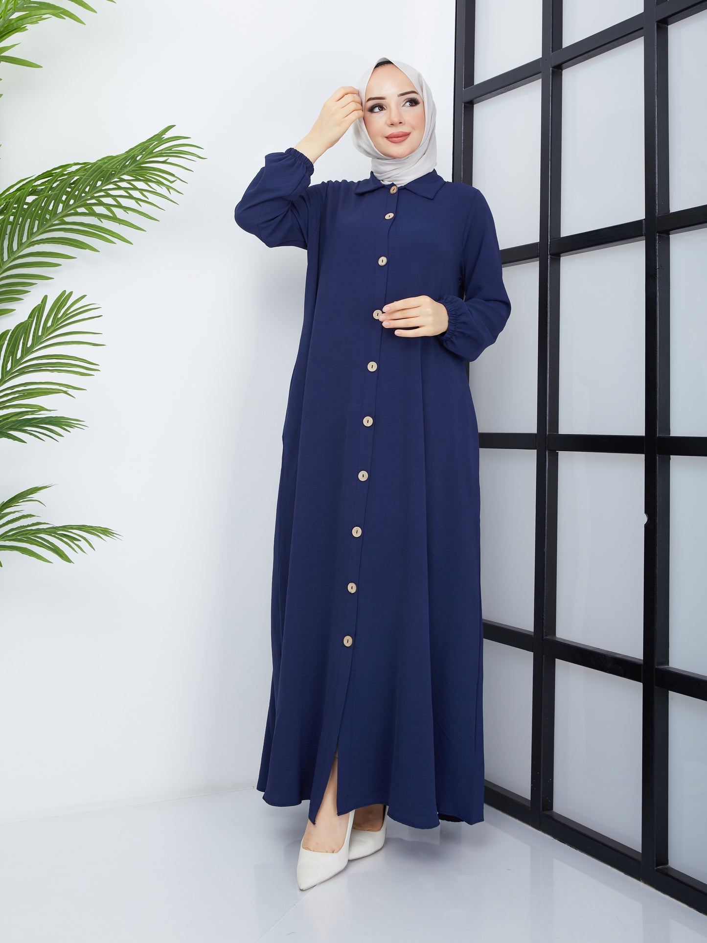 Buttoned Front Abaya - Navy Blue