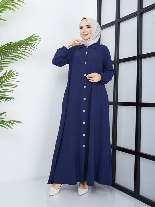 Buttoned Front Abaya - Navy Blue