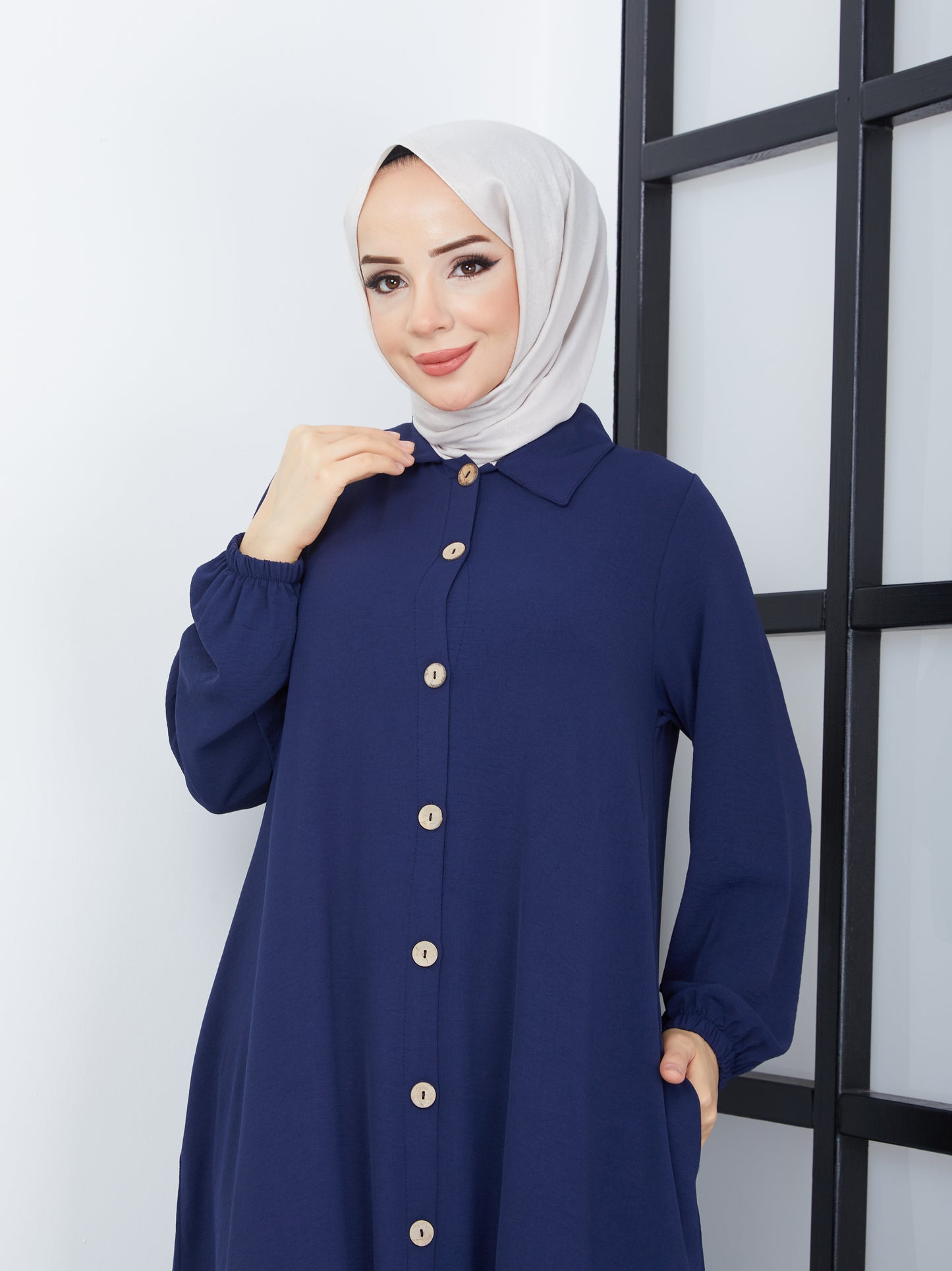 Buttoned Front Abaya - Navy Blue