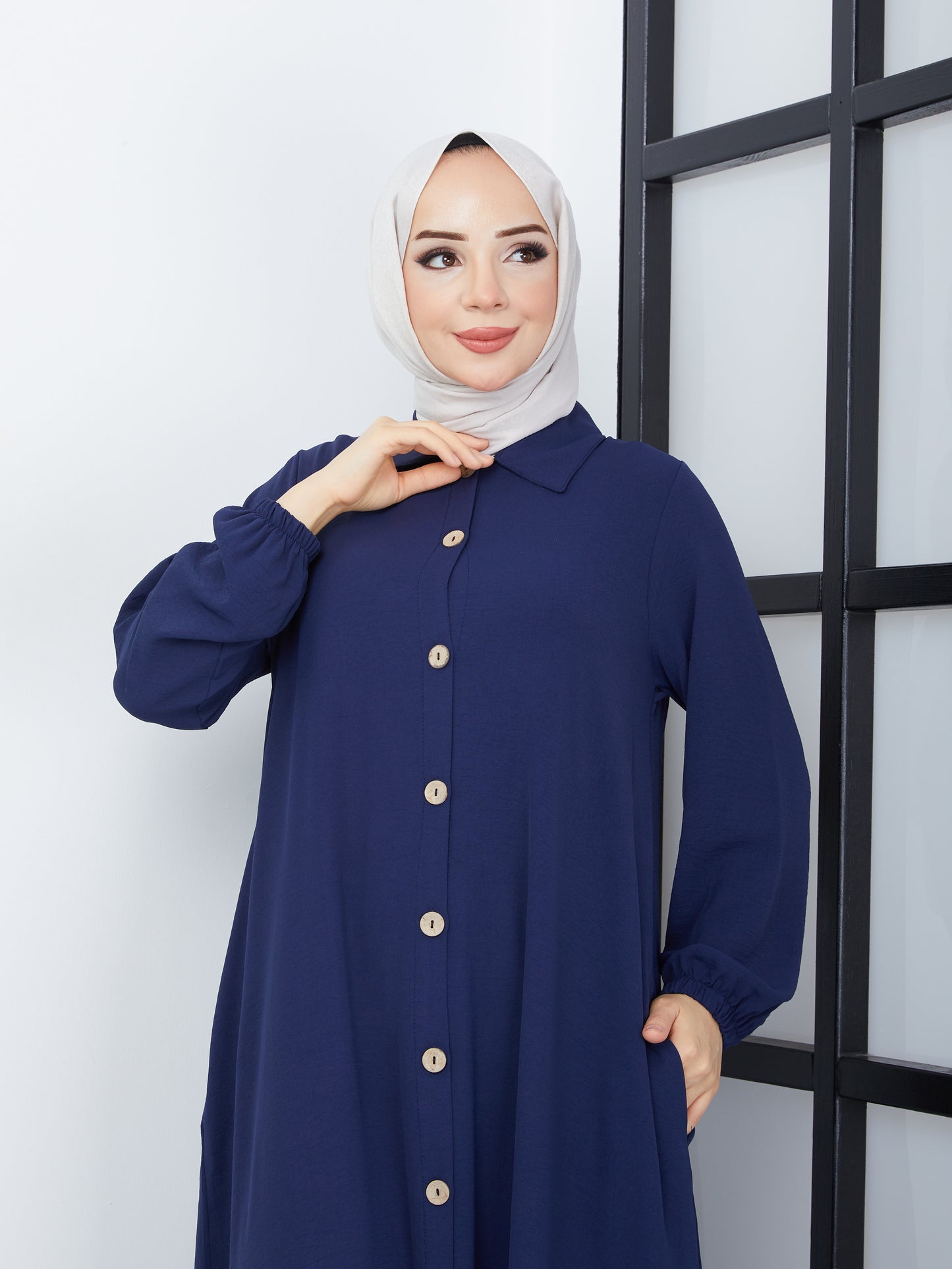 Buttoned Front Abaya - Navy Blue