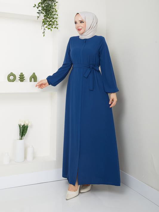 Casual Hijab Abaya with Waist Belt - Petrol blue