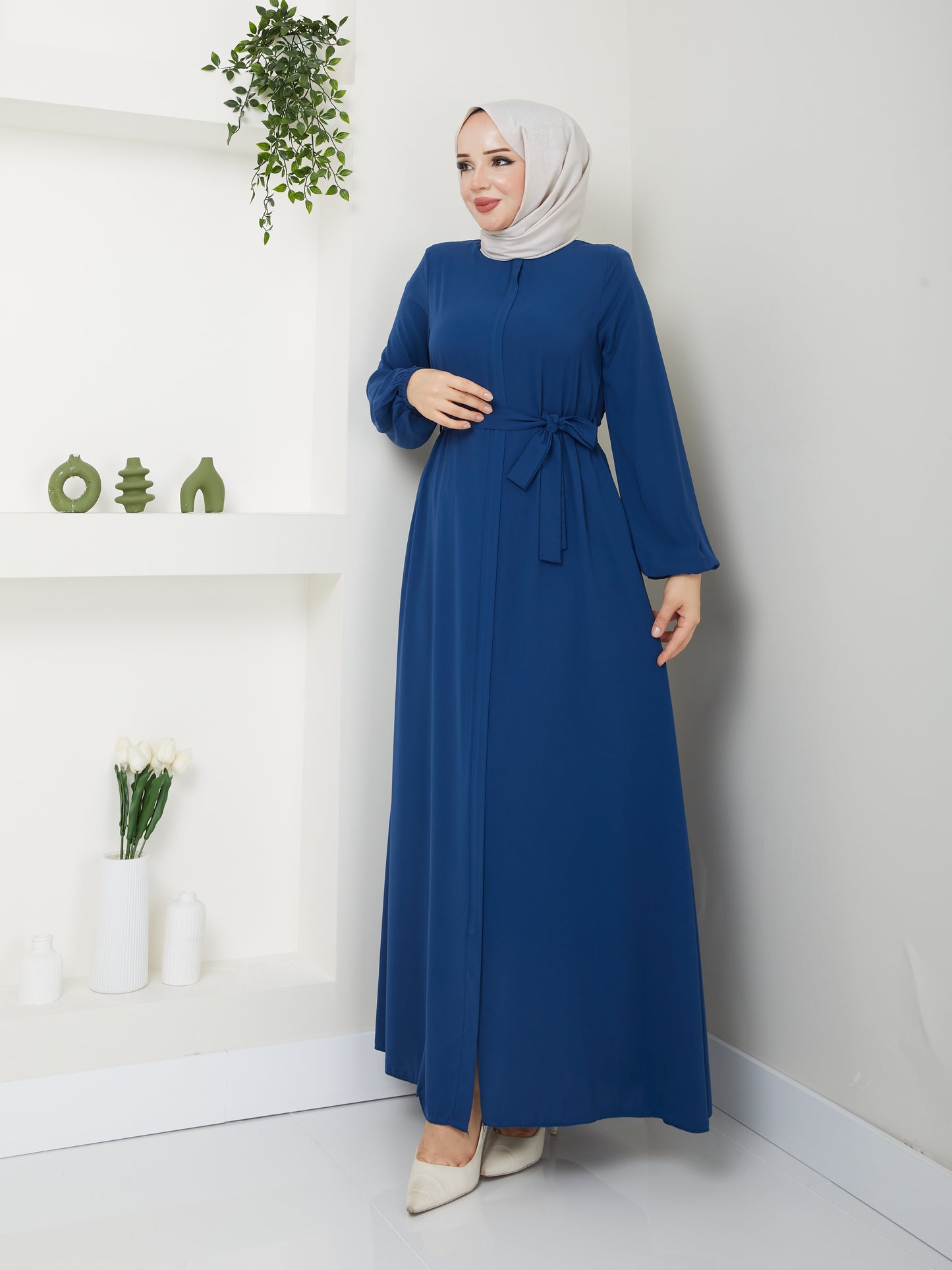 Casual Hijab Abaya with Waist Belt - Petrol blue