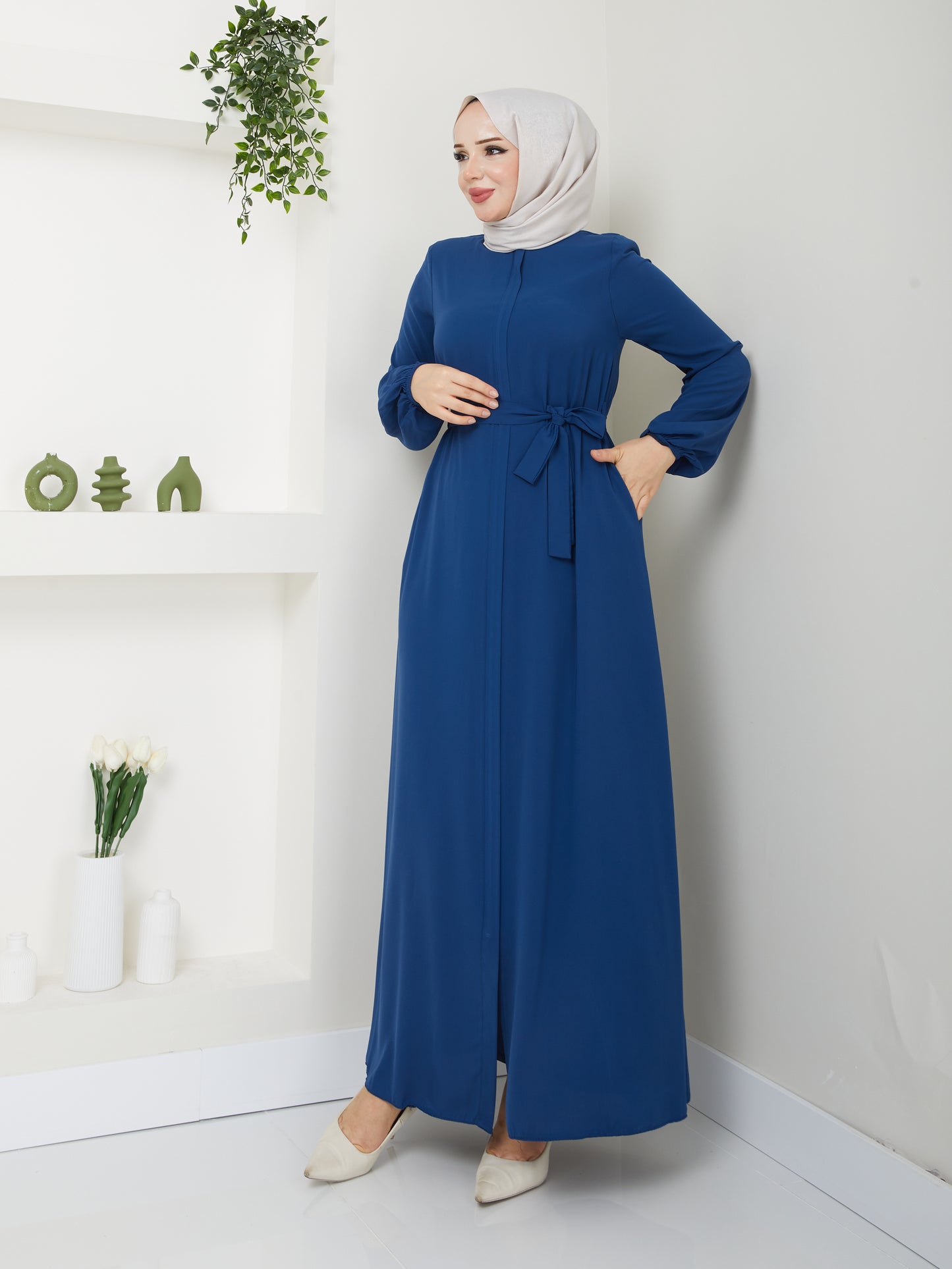 Casual Hijab Abaya with Waist Belt - Petrol blue