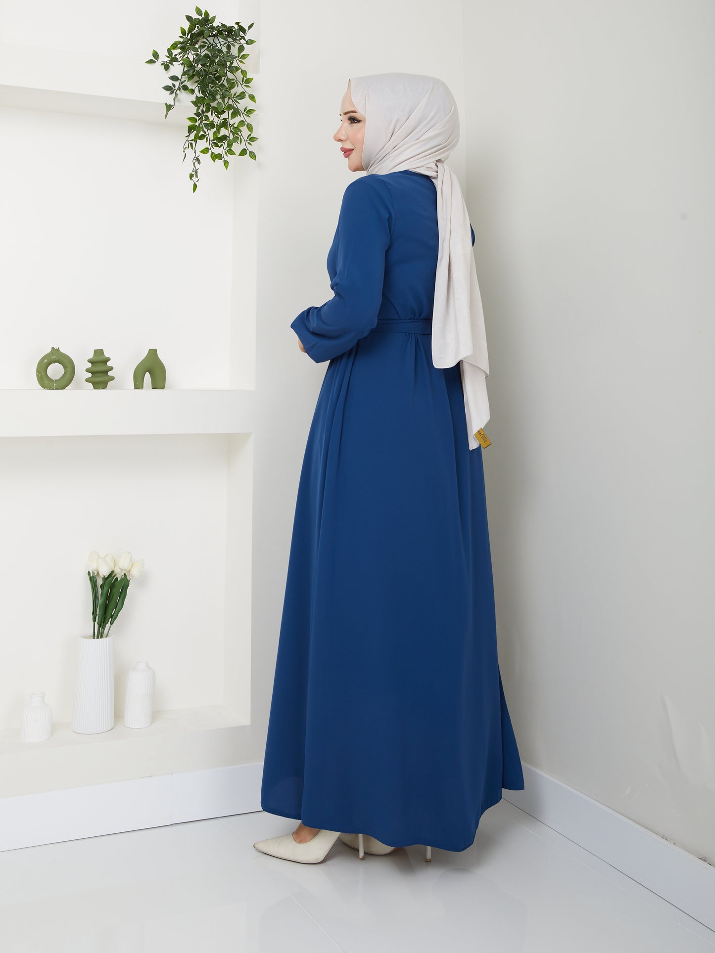 Casual Hijab Abaya with Waist Belt - Petrol blue