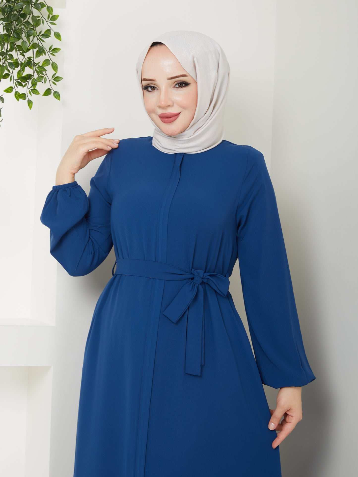 Casual Hijab Abaya with Waist Belt - Petrol blue