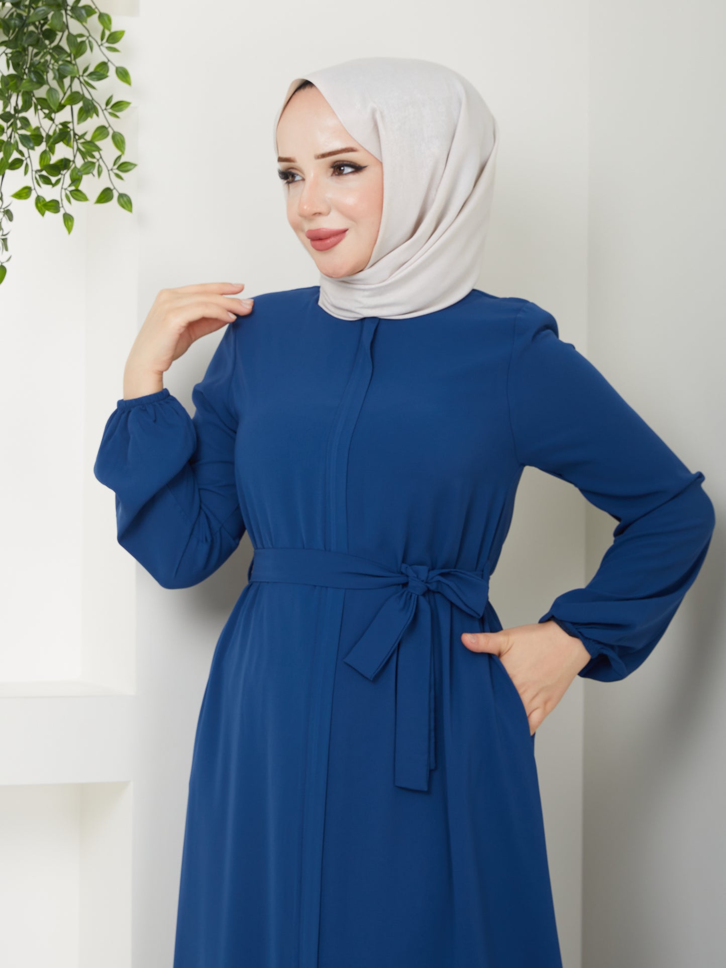 Casual Hijab Abaya with Waist Belt - Petrol blue