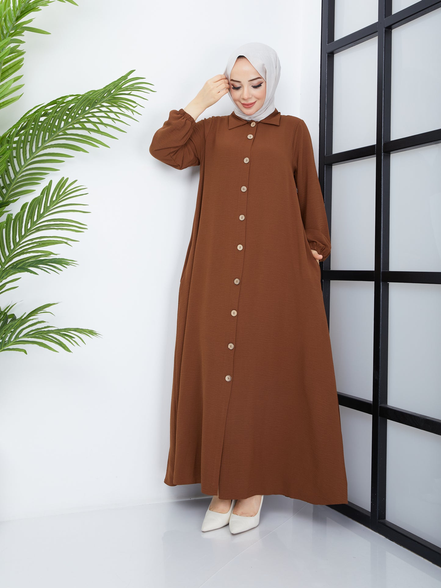 Button-Front Abaya - Brown