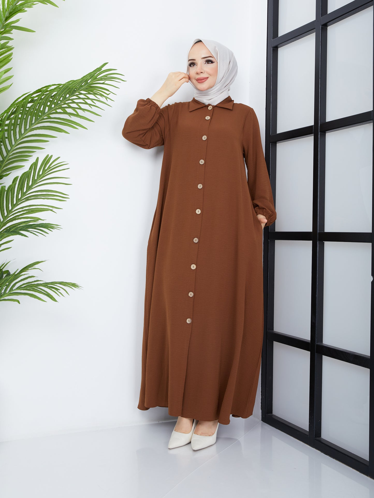 Button-Front Abaya - Brown