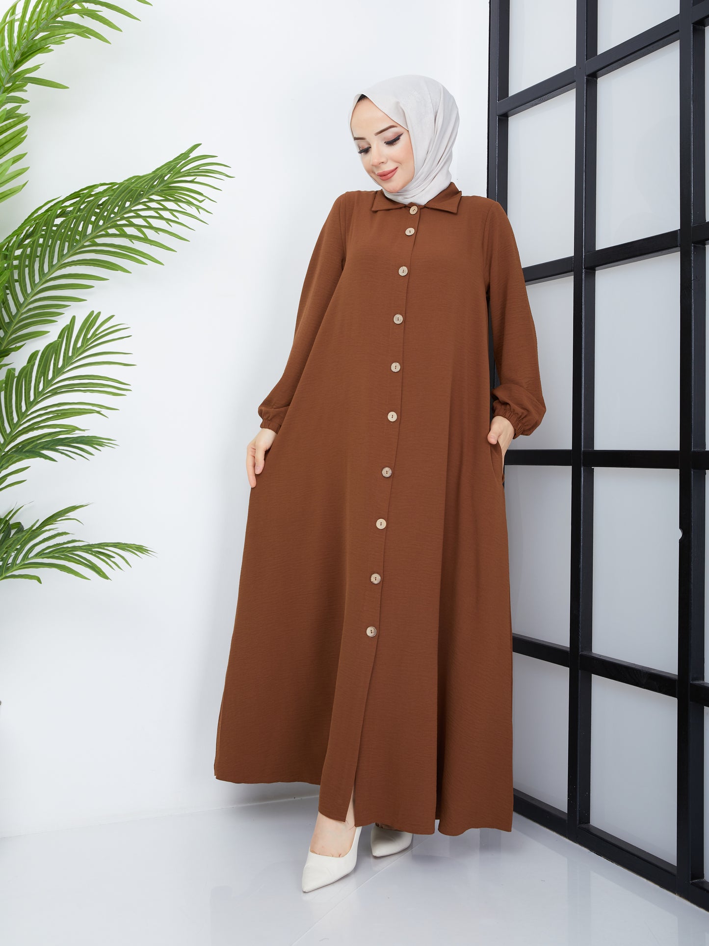 Button-Front Abaya - Brown