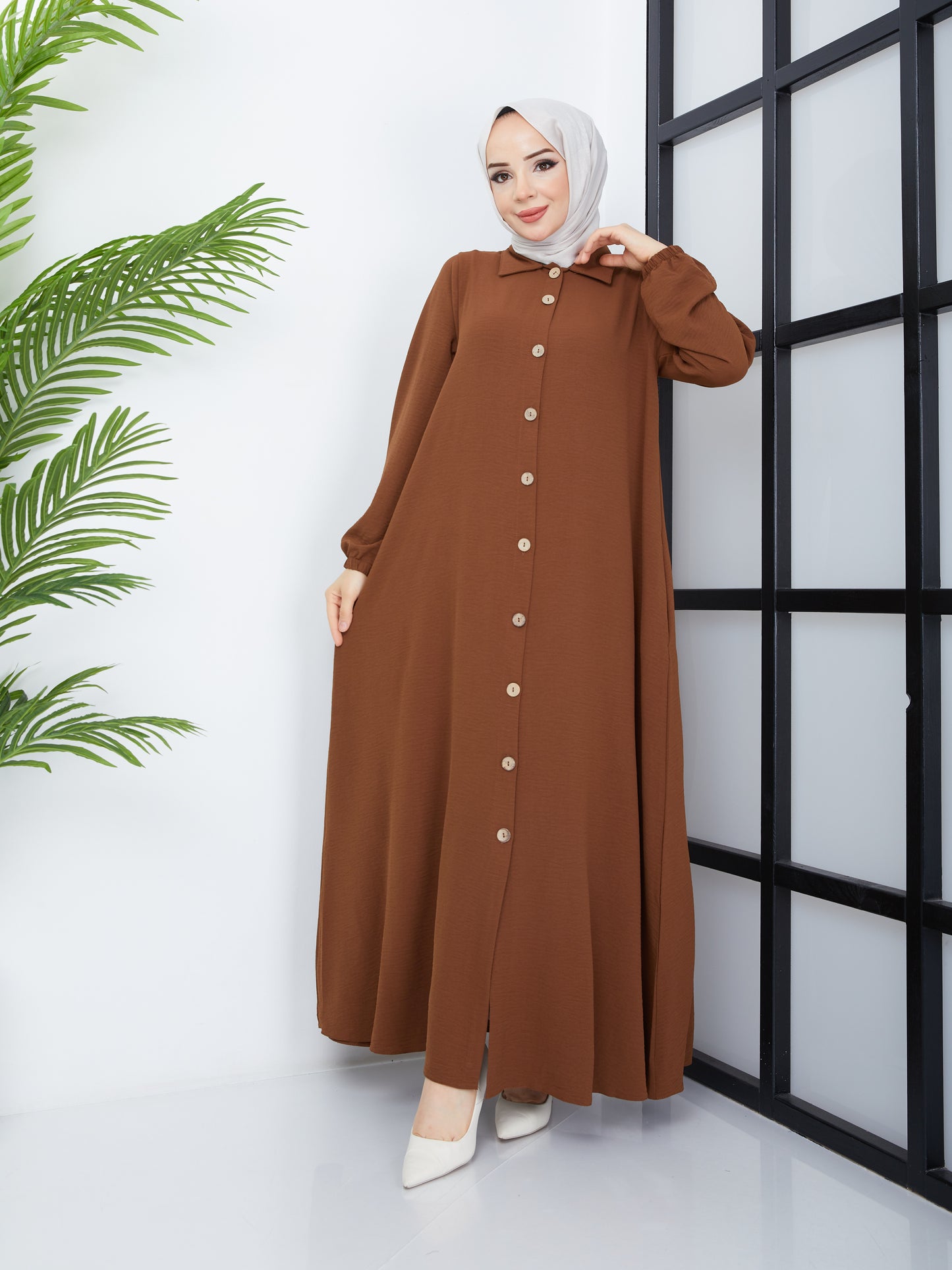 Button-Front Abaya - Brown