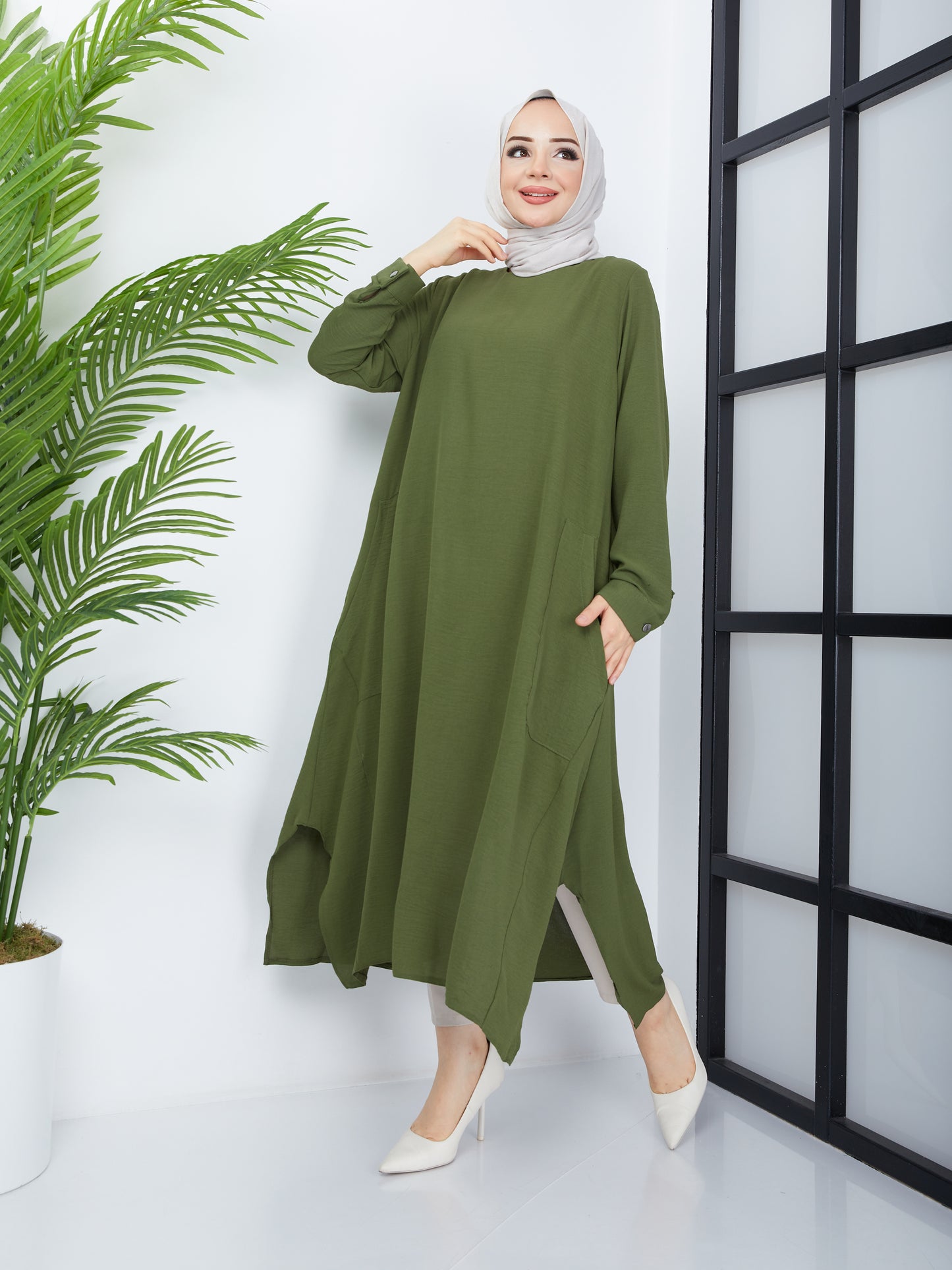 Tunique Hijab Longue avec Poches - Vert