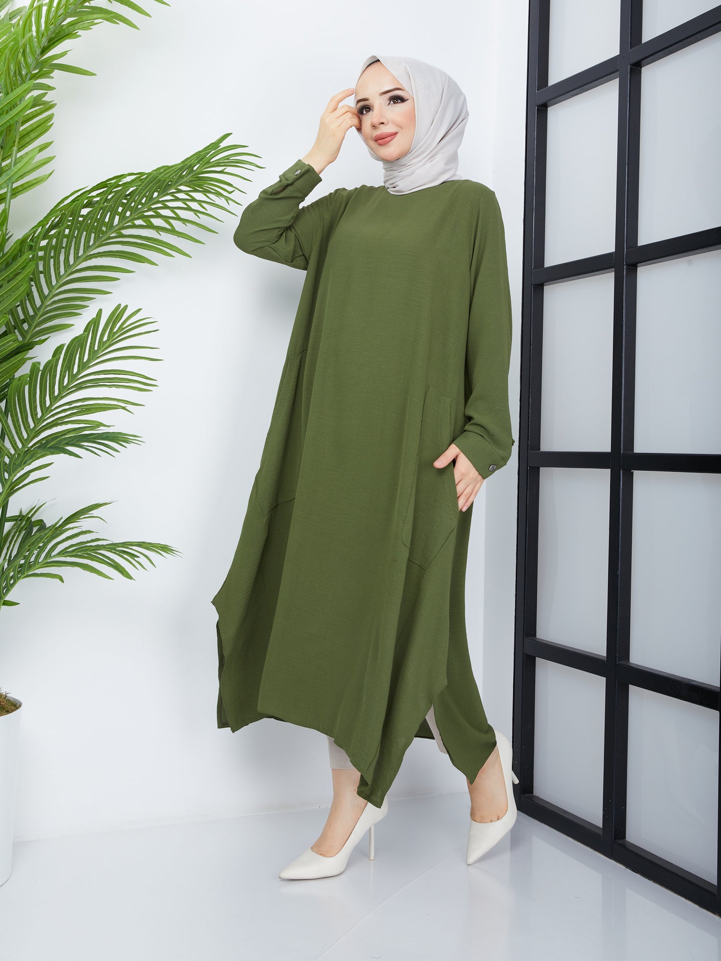 Tunique Hijab Longue avec Poches - Vert