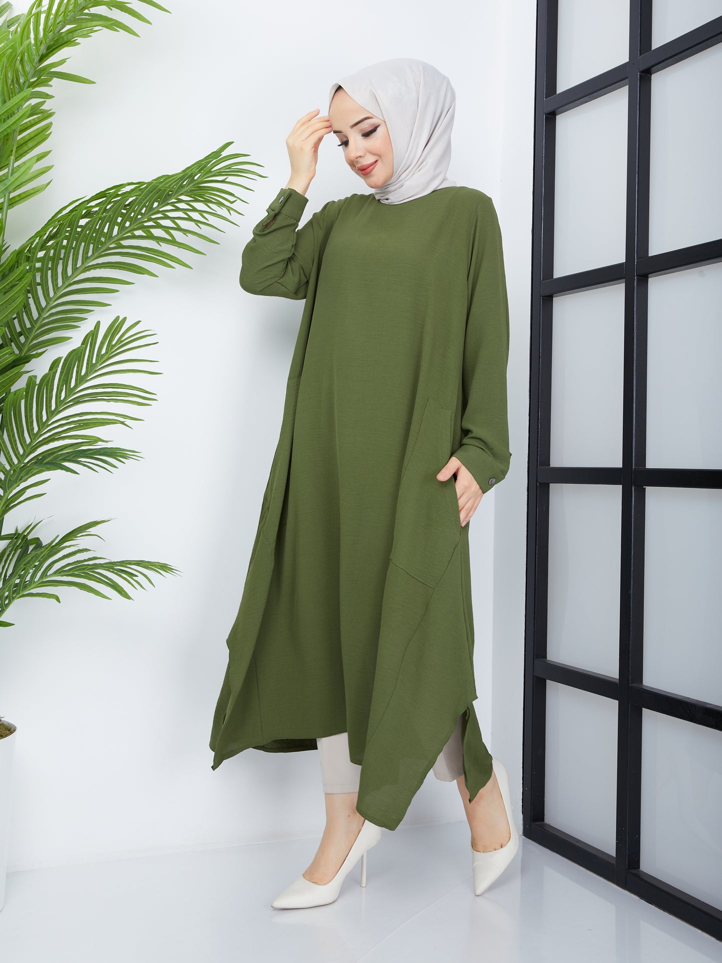 Tunique Hijab Longue avec Poches - Vert