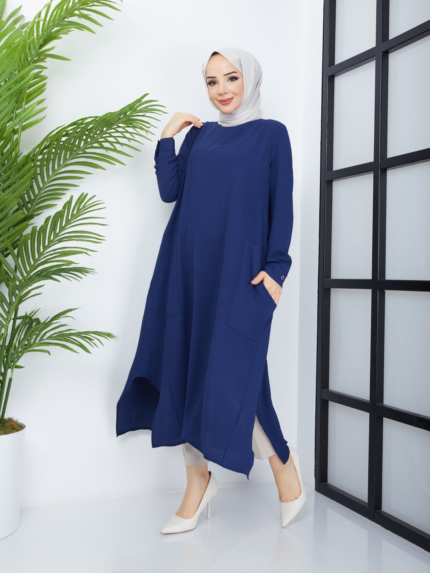 Tunique Hijab Longue avec Poches - Bleu Marine