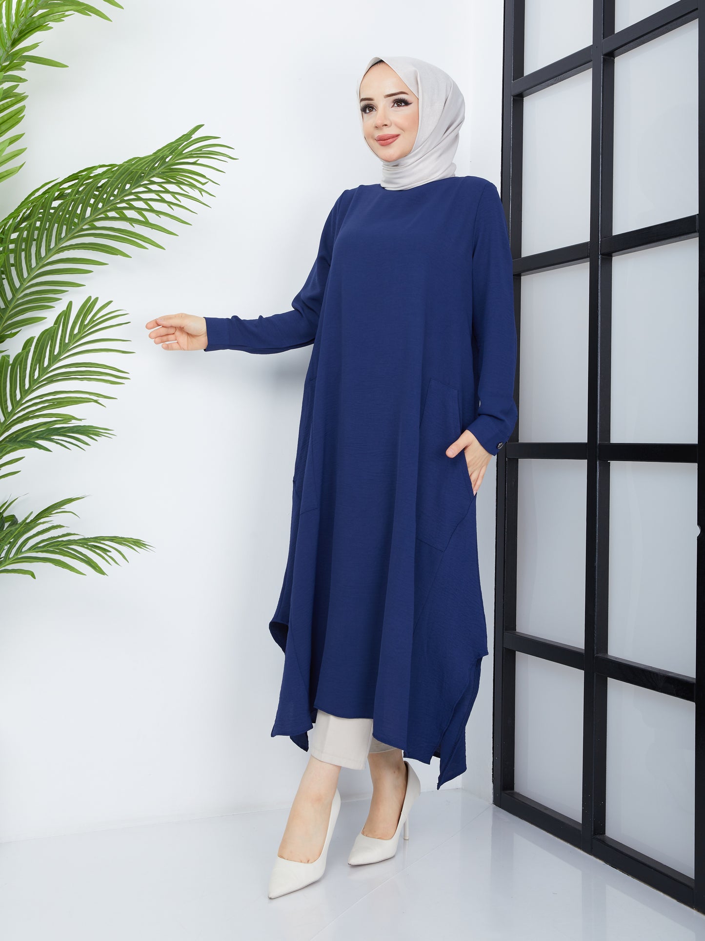 Tunique Hijab Longue avec Poches - Bleu Marine